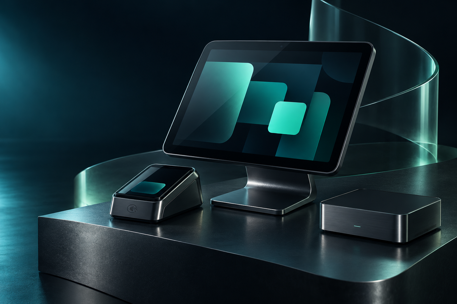 Räumliche Designstudie: Kassentablet, Kartenterminal und kompakte Box im Gasteno-Farblicht